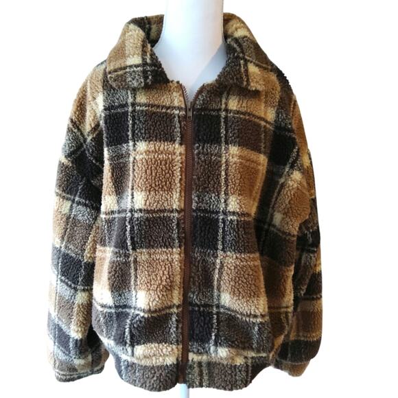 ROMWE Jackets & Blazers - Romwe Lumberjane Cropped plaid Teddy sweater jacket zip brown 100% cotton